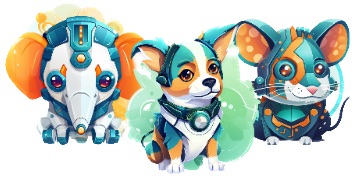 From left to right, an elephant, dog and rat in orange and blue colors. They seem to be cybernetically enhanced.